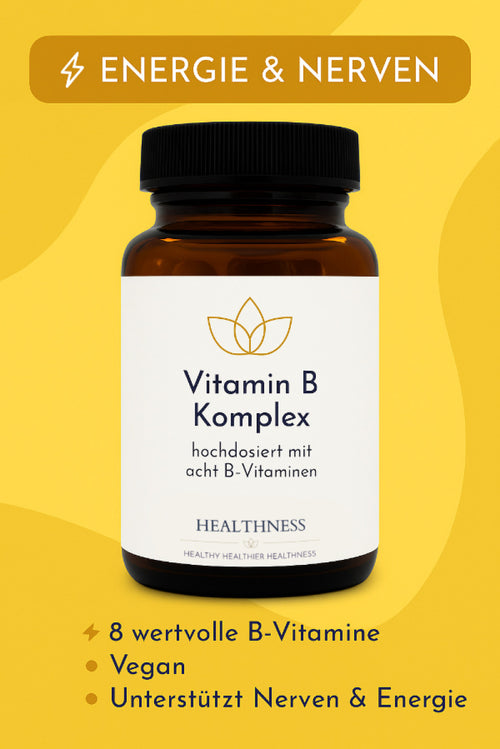 Vitamin B Complex – High-Dose Premium Formula, Vegan Short description: All 8 B vitamins in optimal dosage – for energy, nerves and